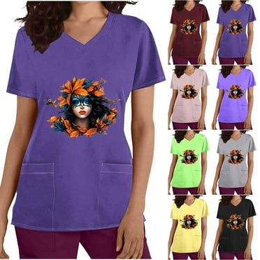 QIPOPIQ Prints Women Scrubs Top V-Neck Print Clearance