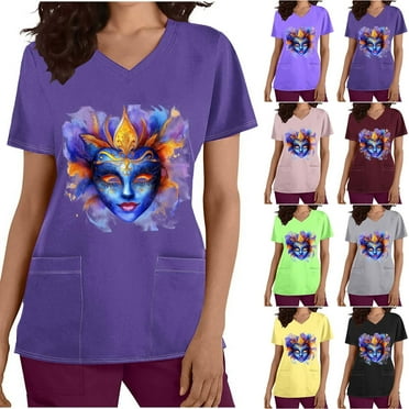 QIPOPIQ Prints Women Scrubs Top V-Neck Print Clearance