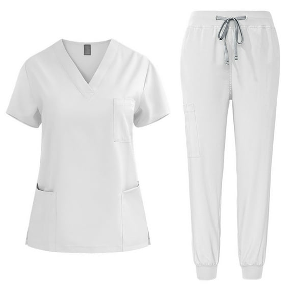 QIPOPIQ Scrub Suit Set for Women Modern V-neck Top & Tapered Leg Jogger Pants with Drawstring Medical Nursing Uniforms Set