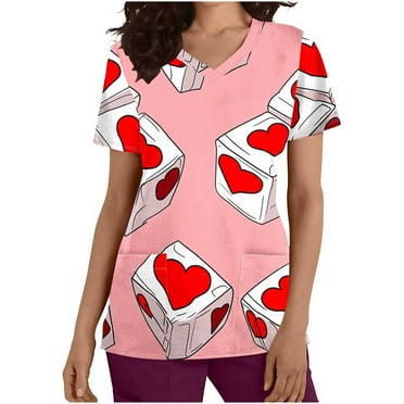 QIPOPIQ Scrub Tops Women,Women V Neck Nurse Uniforms Plus Size Scrubs Cute Floral Print Gifts Tops with Pockets Clearance