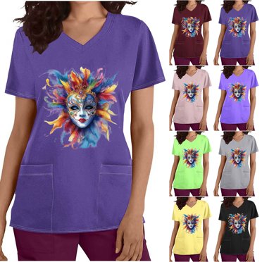 QIPOPIQ Scrub Tops for Women Stretchy Vneck Short Sleeve Cute Floral Animal Printed Holiday Nursing Pocketed Working Uniforms Clearance