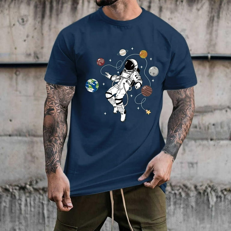 QIPOPIQ Shirts for Men Clearance Casual Graphic Prints Round Neck Pullover  Space Planet Print T-Shirt Short Sleeve Tops