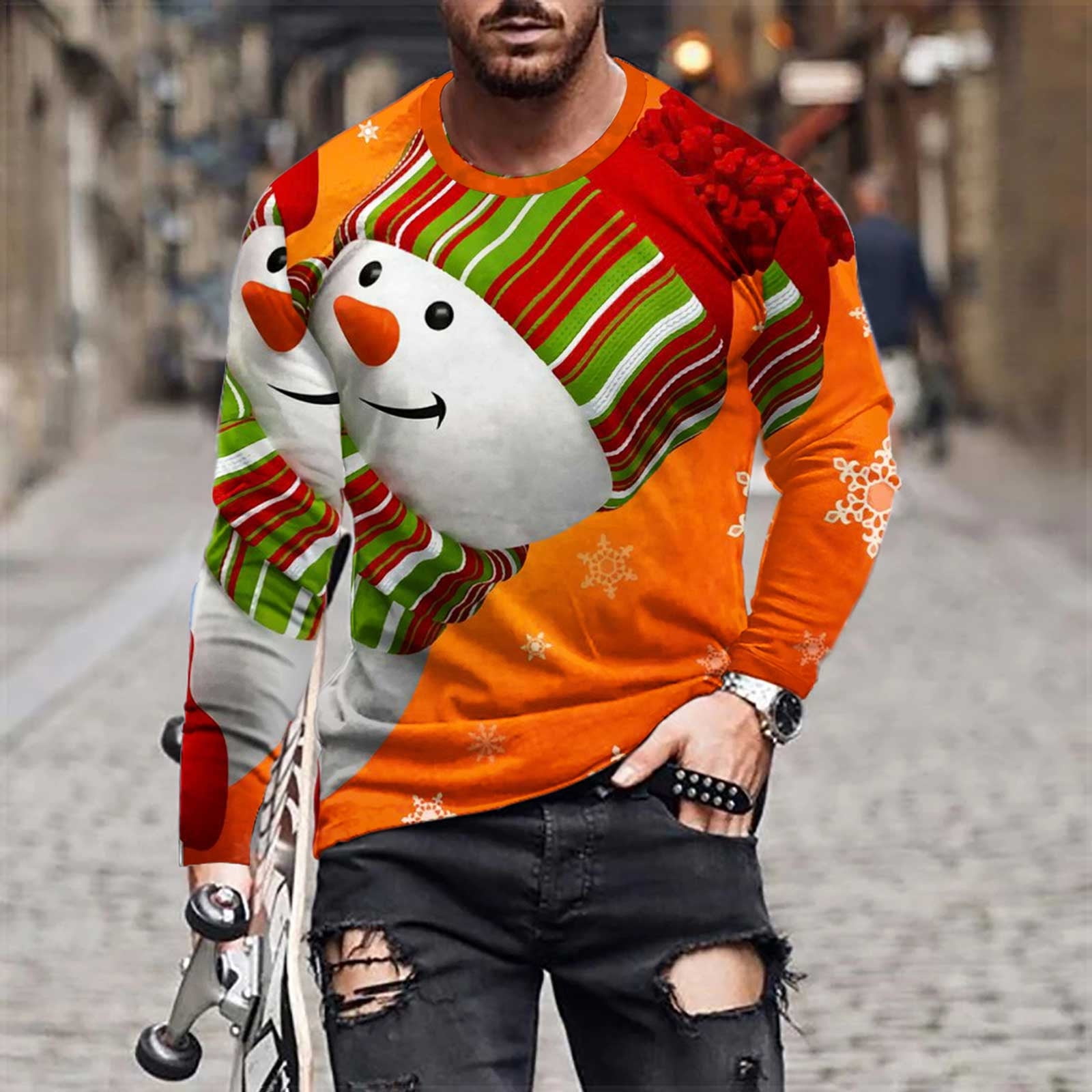 QIPOPIQ Shirts for Men Crew Neck Long Sleeve Pullover Snowman 3D Printed T- Shirt Clearance Orange 3XL 