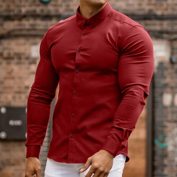 QIPOPIQ Clearance Shirts for Men Turndown Long Sleeve Solid Button Shirt Red 2XL