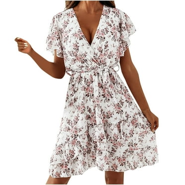 QIPOPIQ Summer Dresses for Women Clearance Ladies Short Sleeve V-Neck Floral Print Ladies Summer Dresses on Clearance