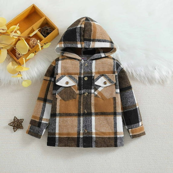 QIPOPIQ Toddler Boys Long Sleeve Flannel Hoodie Shirt Button-up Cotton Spring Fall Shirt, Sizes 2T-6T, Clearance