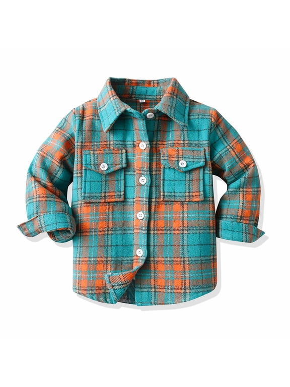 Toddler Boys Long Sleeve Flannel Shirt Button-up Cotton Spring Fall Shirt, Sizes 3M-6T, Clearance