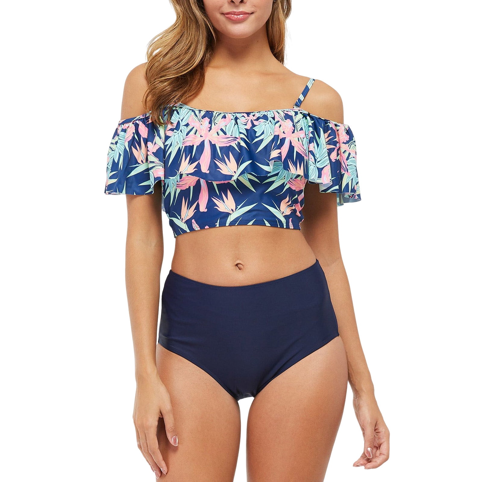 WDIRARA Women's Tropical Print Halter One Piece Swimsuit - Deep V Neck, Backless, Ruched Bathing Suit