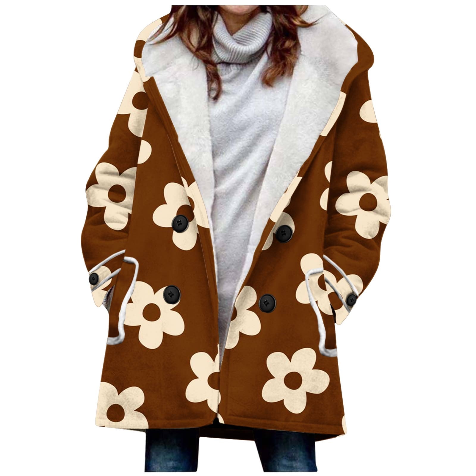 QIPOPIQ Winter Coat for Women Clearance Hooded Mid Length Fleece Jacket ...