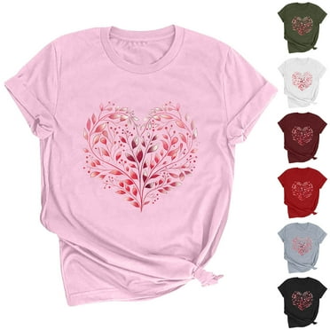 QIPOPIQ Women Cute Heart Graphic Crewneck T-Shirt Funny Short Sleeve Casual Tee Tops Clearance