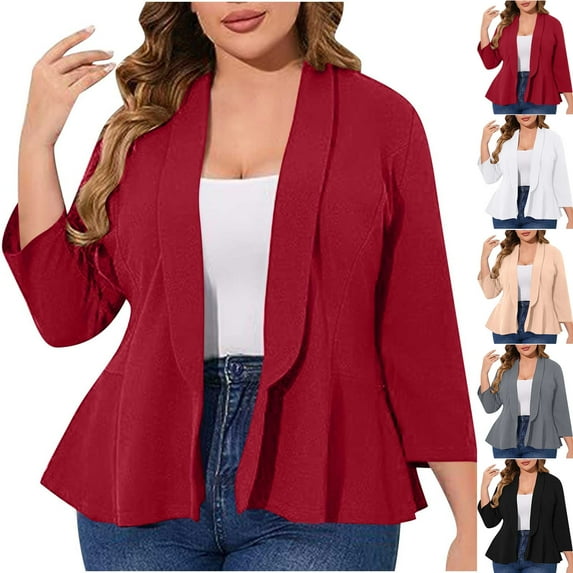 QIPOPIQ Women Plus Size Casual Blazer Open Front Long Sleeve Work Office Cardigan Jackets Clearance