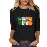 QIPOPIQ Women's 3/4 Sleeve Crew Neck Shirts St. Patrick's Day T Shirts Saint Patricks Day Shamrock Printed T Shirt Lucky Green Shirt St Patricks Day Shirts Tops Holiday Shirts Deals