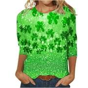 QIPOPIQ Women's 3/4 Sleeve Crew Neck Shirts St. Patrick's Day T Shirts Valentine's Sleeves Shamrock Printed T Shirt Lucky Green Shirt Tunic Tops T-Shirt Holiday Shirts Deals
