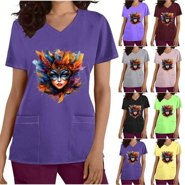 QIPOPIQ Women's All Over Print, V-Neck Scrub Top with Pockets - Comfortable Work Uniform Clearance
