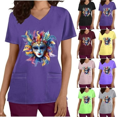QIPOPIQ Women's All Over Print, V-Neck Scrub Top with Pockets - Comfortable Work Uniform Clearance