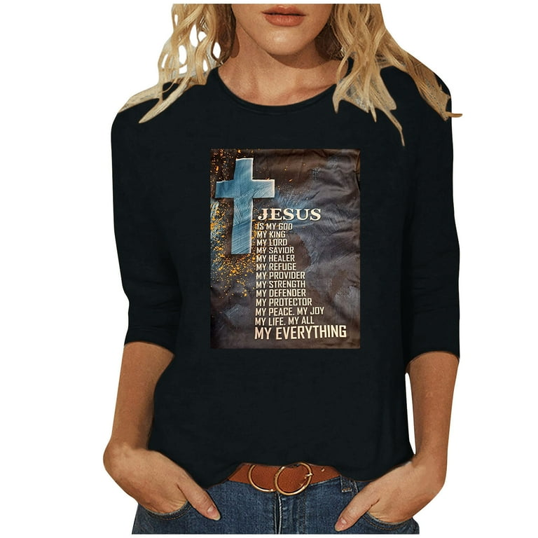 3/4 Sleeve Letter Print Round Neck T-shirt 3/4 Sleeve Letter Print Round Neck T-shirt