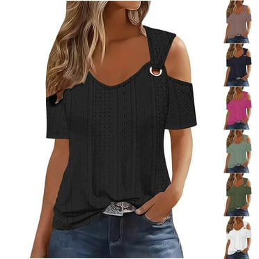 QIPOPIQ Women's Cold Shoulder Tops Short Sleeve V Neck T Shirts Basic Summer Tees Clearance