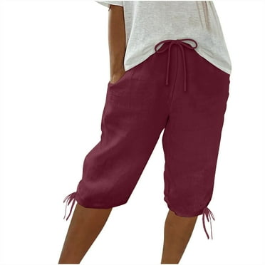 QIPOPIQ Women's Drawstring Linen Bermuda Shorts for Women Elastic Waist Summer Cotton Short Clearance