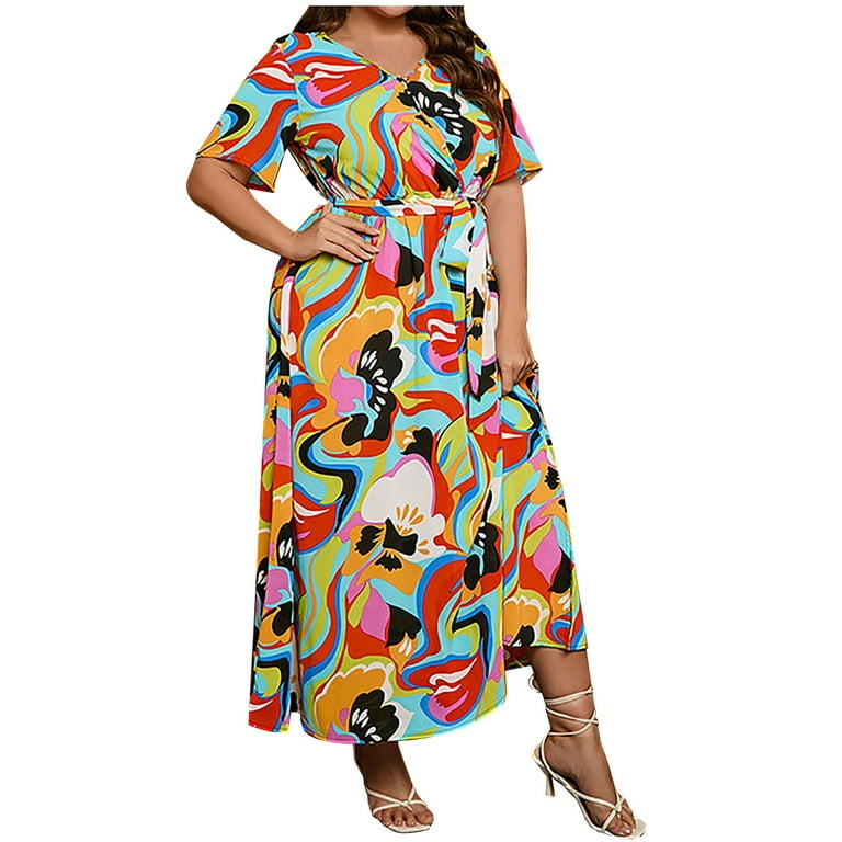 Women's V-Neck Printed Short Sleeve Loose Dresses Women's V-Neck Printed Short Sleeve Loose Dresses