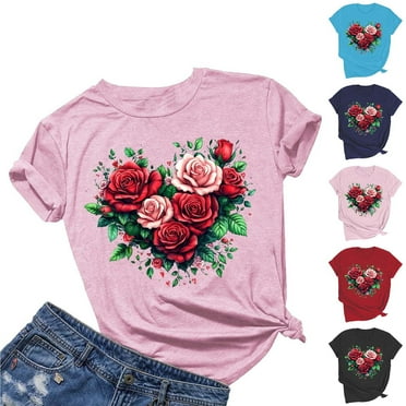 QIPOPIQ Women's Heart Print T Shirts Summer Funny Short Sleeve Tops Clearance
