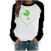 QIPOPIQ Women's Long Sleeve Crew Neck Shirts St. Patrick's Day T Shirts Ladies Loose Shamrock Printed T Shirt Lucky Green Shirt Top Round Neck T-Shirt Saint Patricks Day Holiday Shirts Deals