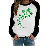QIPOPIQ Women's Long Sleeve Crew Neck Shirts St. Patrick's Day T Shirts Ladies Loose Shamrock Printed T Shirt Lucky Green Shirt Top Round Neck T-Shirt Saint Patricks Day Holiday Shirts Deals