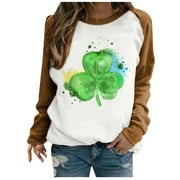 QIPOPIQ Women's Long Sleeve Crew Neck Shirts St. Patrick's Day T Shirts Ladies Loose Shamrock Printed T Shirt Lucky Green Shirt Top Round Neck T-Shirt Saint Patricks Day Holiday Shirts Deals