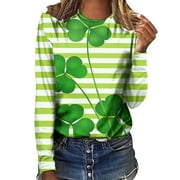 QIPOPIQ Women's Long Sleeve Crew Neck Shirts St. Patrick's Day T Shirts Round Neck Shamrock Printed T Shirt Lucky Green Shirt St Patricks Day Shirts Long T-Shirt Tops Holiday Shirts Deals
