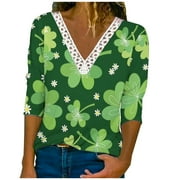 QIPOPIQ Women's Long Sleeve V-Neck Shirts St. Patrick's Day T Shirts Gradient Shamrock Printed T Shirt Lucky Green Shirt St Patricks Day Shirts Summer Sexy V Neck Regular Top Holiday Shirts Deals