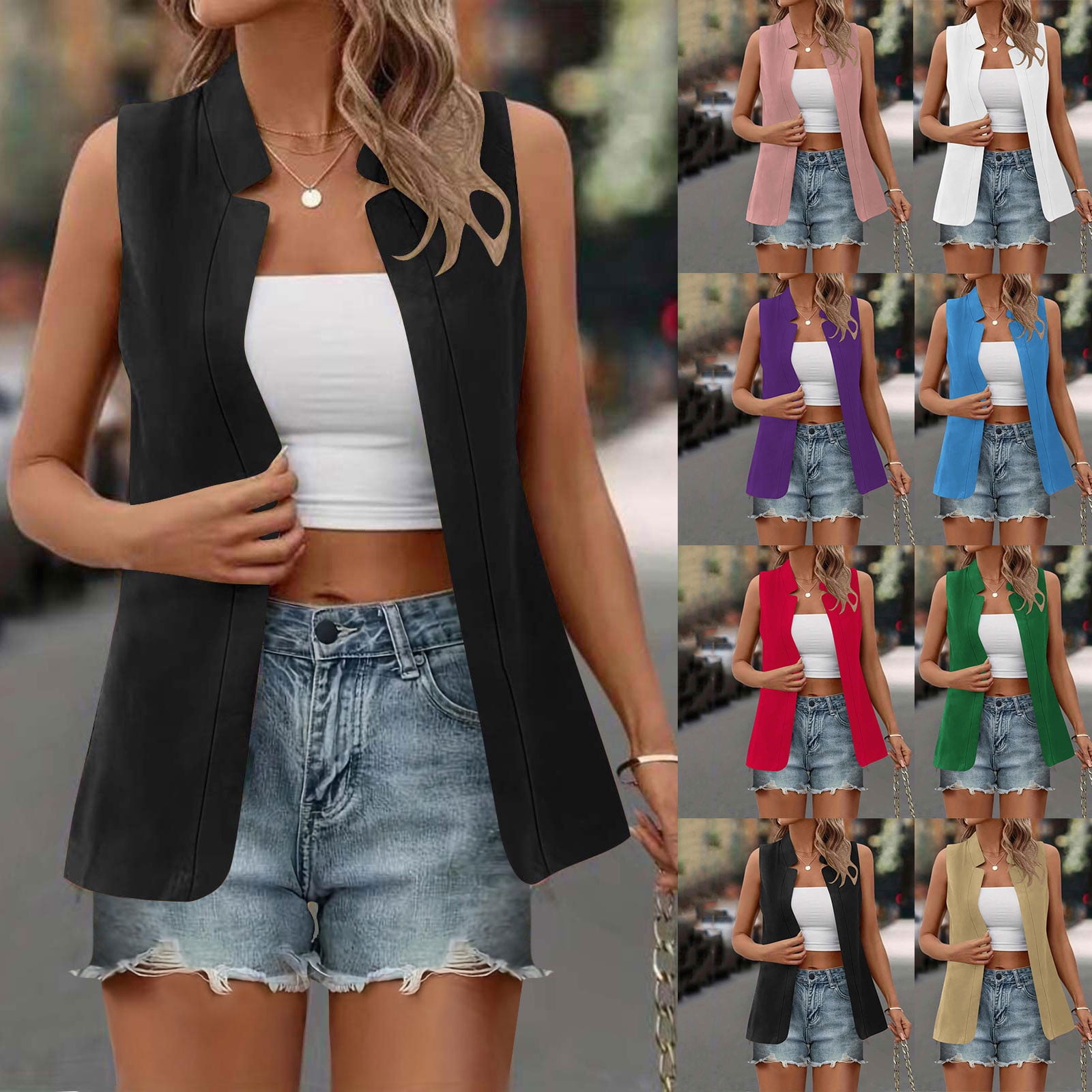 Women's Notched Detail Open Front Sleeveless Casual Plain Solid Vest Blazer Clearance