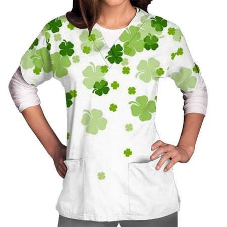 QIPOPIQ Women's Short Sleeve V-Neck Shirts St. Patrick's Day T Shirts V-neck Uniform Nursing Work Shirt Shamrock T Shirt Green Shirt Pocket Saint Patricks Day Holiday Shirts Deals
