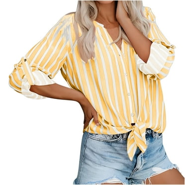 QIPOPIQ Women's Striped Button Down Shirts 2024 Turndown Collar Roll-up Long Sleeve Shirt Clearance