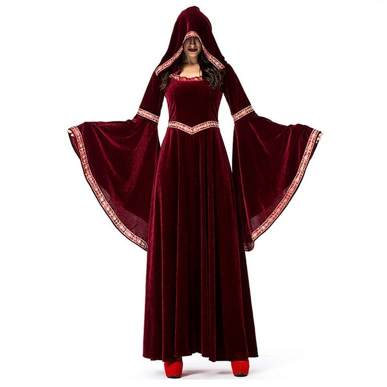 QIPOPIQ Women s Sun Dress Halloween Cosplay Costume Vintage Witch Long Sleeve Hodded Maxi Dresses Walmart