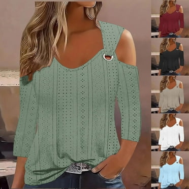 QIPOPIQ Women's V Neck 3/4 Sleeve Shirts Cold Shoulder Tops Basic Summer Tees Clearance