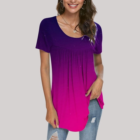 QIPOPIQ Womens Clothes Graphic Tees Short Sleeve Round Neck T Shirt Blouse Summer Plus Size Tops Hot Pink L