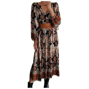 QIPOPIQ Womens Dresses Clearance Fashion Printing Causal V-Neck Long Sleeve Spring Vacation Dress