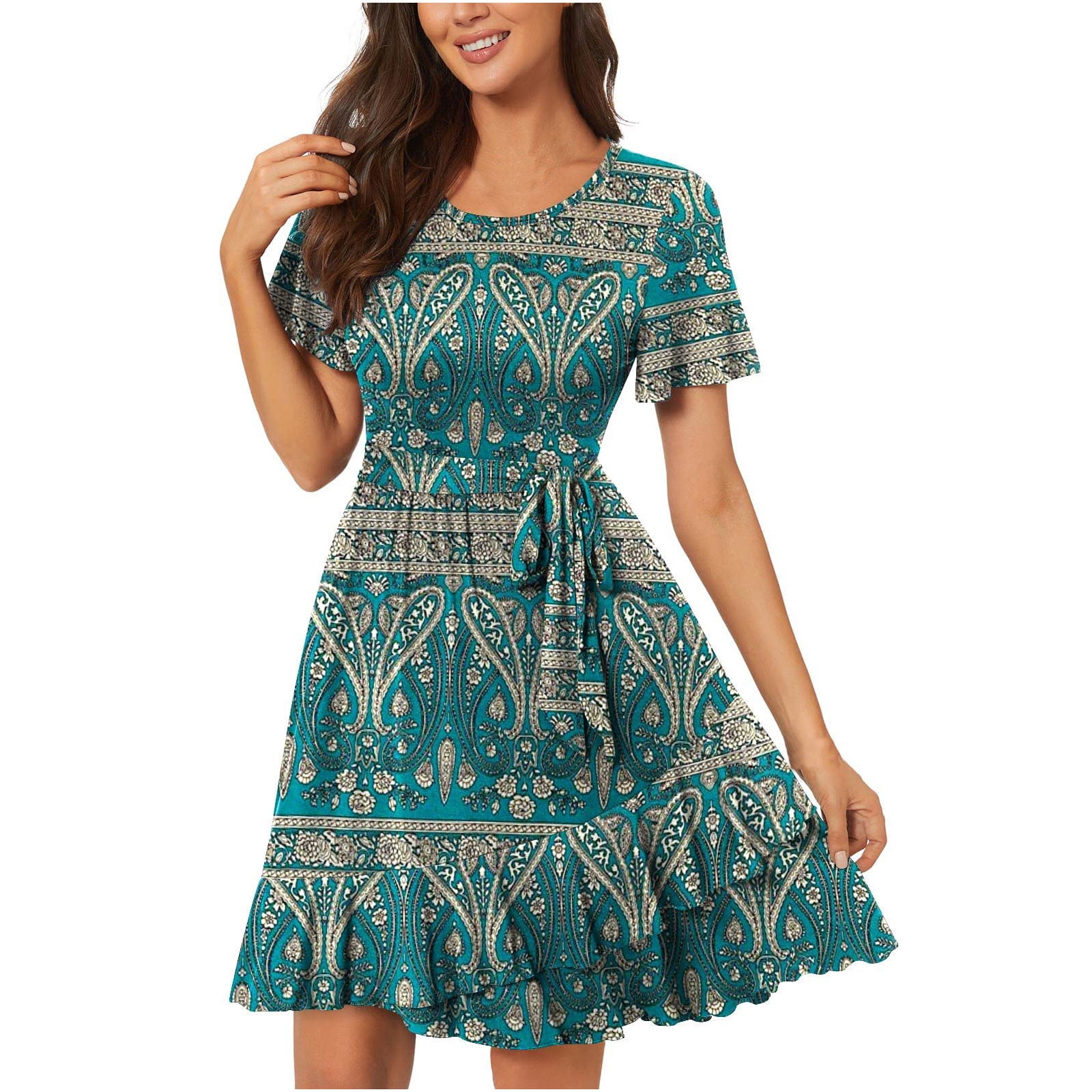 QIPOPIQ Womens Dresses Tiered Midi Dress Short Sleeve Casual Dresses ...