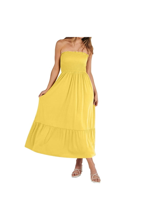 Womens Off The Shoulder Tube Top Maxi Dresses Summer Strapless Bandeau Boho Beach Long Dress