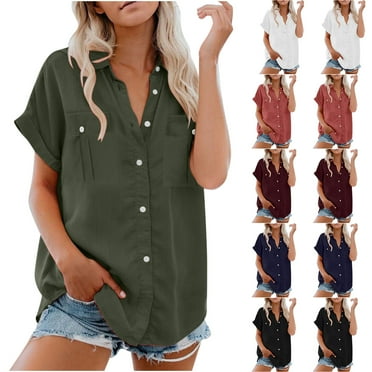 QIPOPIQ Womens Short Sleeve Shirts V Neck Collared Button Down Shirt Tops with Pockets Clearance