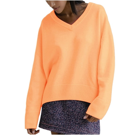 QIPOPIQ Womens Sweaters Clearance Drop Shoulder Sweater Winter New Fashion Long Sleeve Sweater For Drop Shoulder Sweater Knitwear Orange M