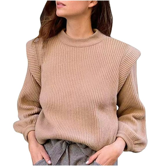 QIPOPIQ Womens Sweaters Clearance Fashion Drop Shoulder Sweater Color Long Sleeve Pullove Shirt Sweater Tops Knitwear Khaki M