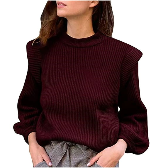 QIPOPIQ Womens Sweaters Clearance Fashion Drop Shoulder Sweater Color Long Sleeve Pullove Shirt Sweater Tops Knitwear Wine S