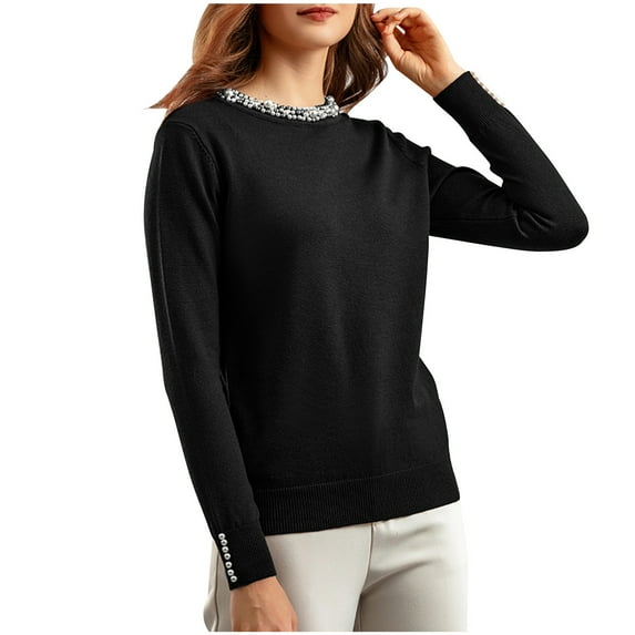 QIPOPIQ Womens Sweaters Clearance Pullover Sweaters Beaded Pullover Sweater Pullover Sweaters Round Neck Long Sleeve Knitwear Loose Bottom Blouse Knitwear Black Free Size(L)