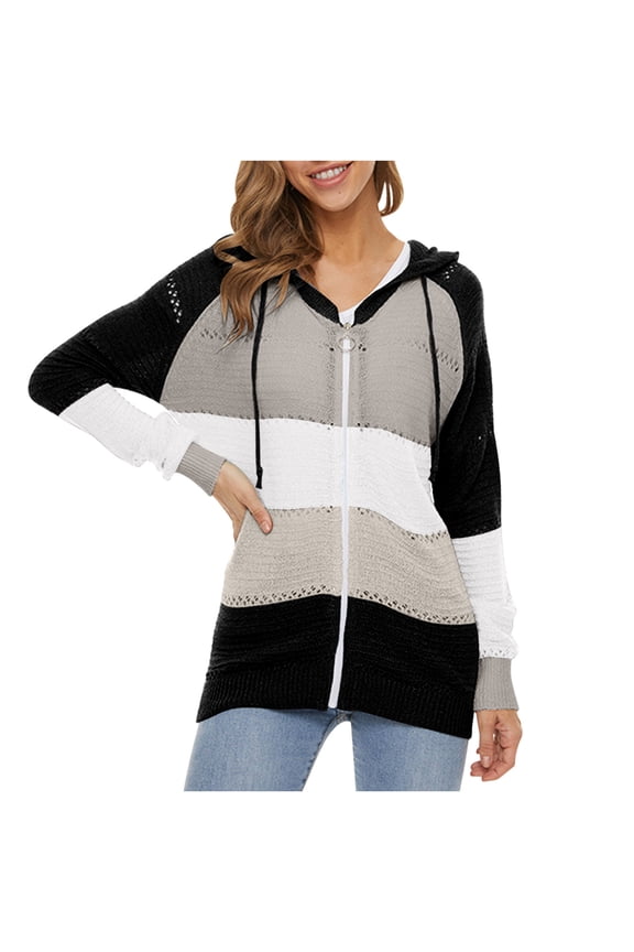 Womens Sweaters Clearance Pullover Sweaters Winter Casual Color Blocking V-Neck Long Sleeve Pullover Knitted Hooded Sweater Top Blouse Sweater Coat Knitwear Black S