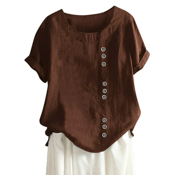 QIPOPIQ Womens Tops Graphic Tees Short Sleeve Button Boho Tanic T Shirt Blouse Summer Plus Size Tops Brown 4XL