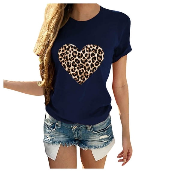 QIPOPIQ Womens Tops Graphic Tees Short Sleeve Round Neck T Shirt Blouse Summer Plus Size Tops Navy M