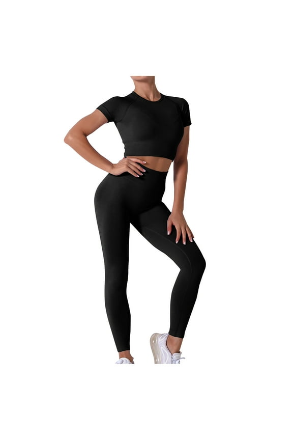 Workout Sets for Women 2 Piece Athletic Short Sleeve Yoga Outfits Seamless Ribbed Crop Top High Waist Legging