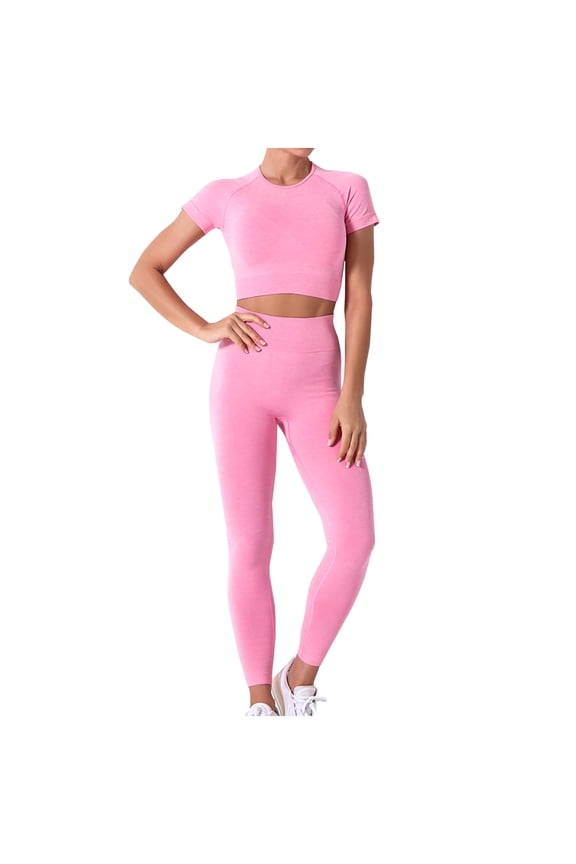 Workout Sets for Women 2 Piece Athletic Short Sleeve Yoga Outfits Seamless Ribbed Crop Top High Waist Legging