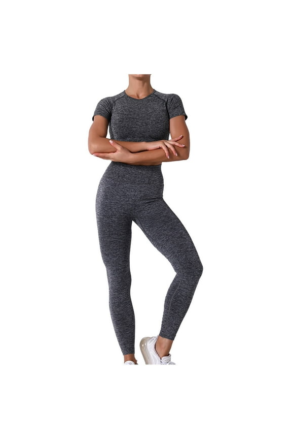 Workout Sets for Women 2 Piece Athletic Short Sleeve Yoga Outfits Seamless Ribbed Crop Top High Waist Legging