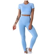 QIPOPIQ Workout Sets for Women 2 Piece Athletic Short Sleeve Yoga Outfits Seamless Ribbed Crop Top High Waist Legging